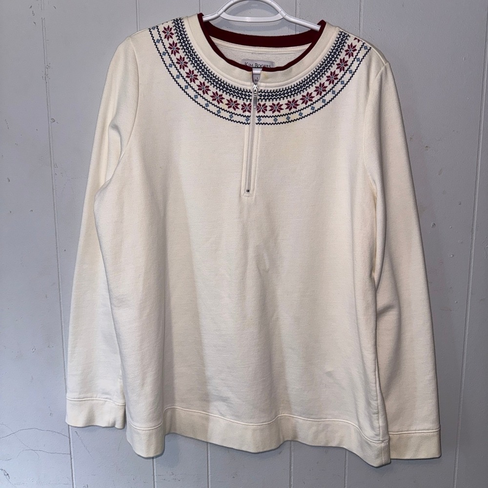 Kim Rogers Womens Fair Isle Snowflake Full Zip Fleece Sweatshirt Cream Large